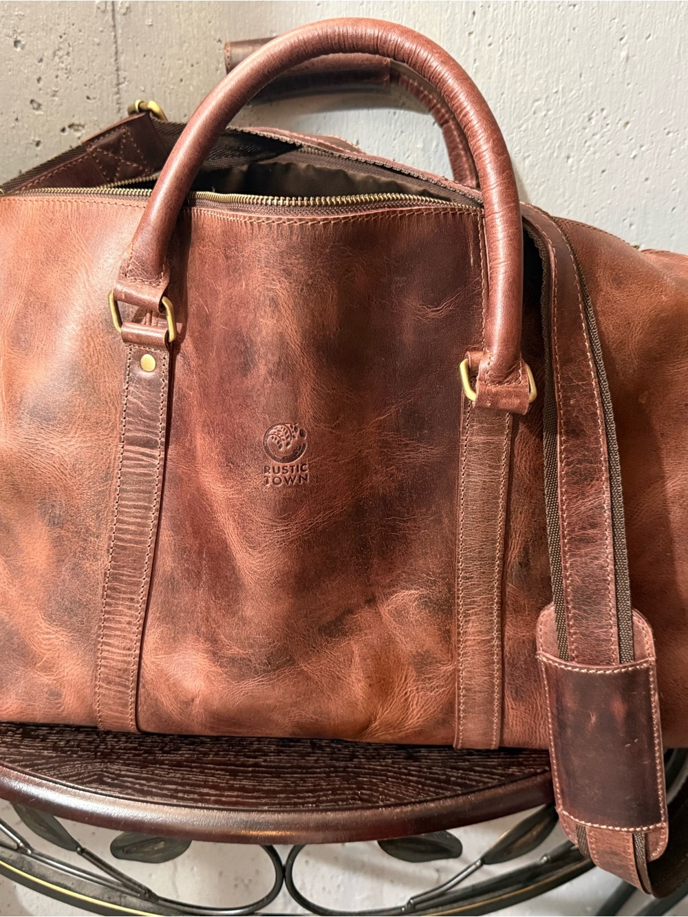 Brown Leather Duffel Bag with Shoulder Strap